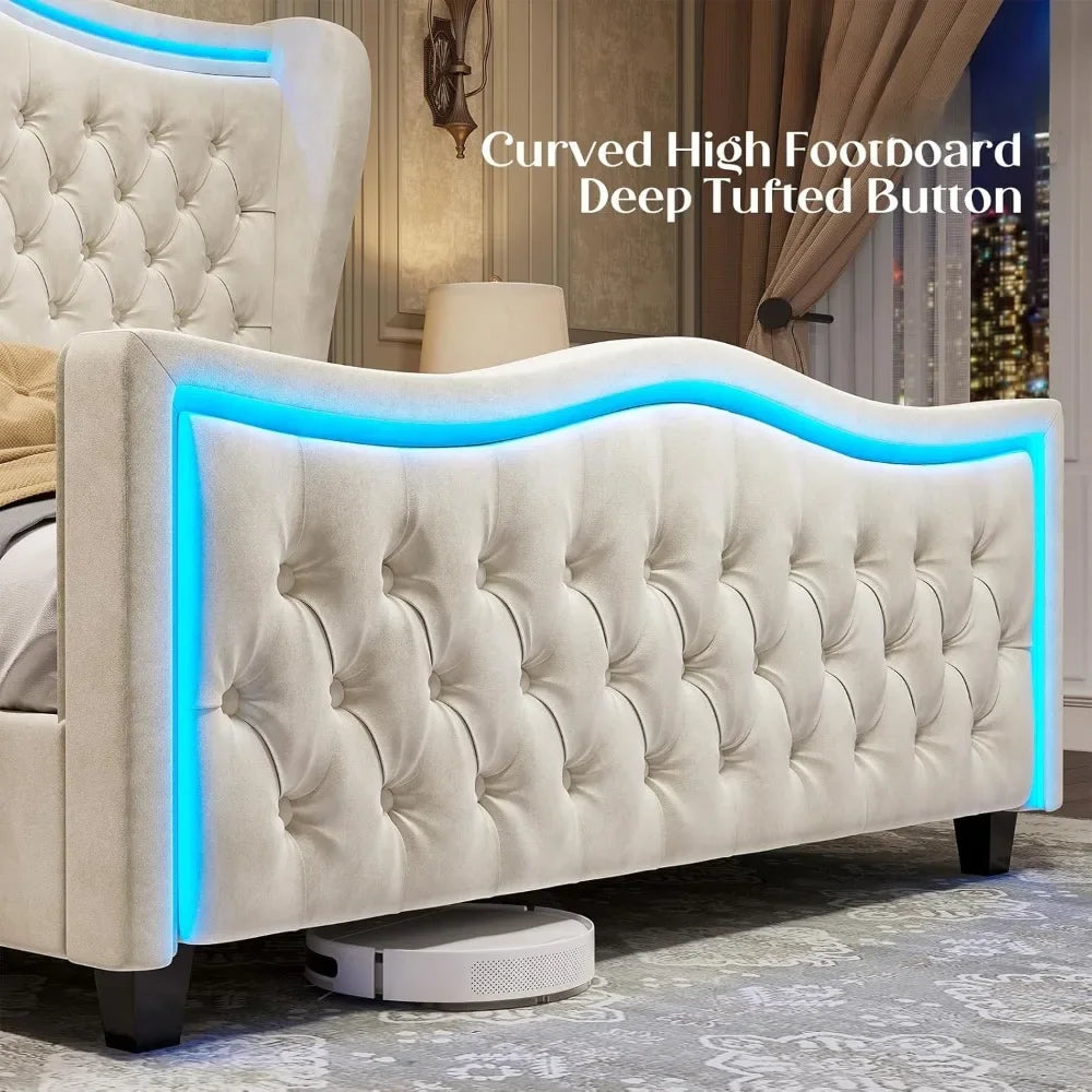 King Size Bed Frame with LED Lights, 53'' Upholstered Platform Wingback Bed with Handmade Deep Button Tufted Headboard Footboard