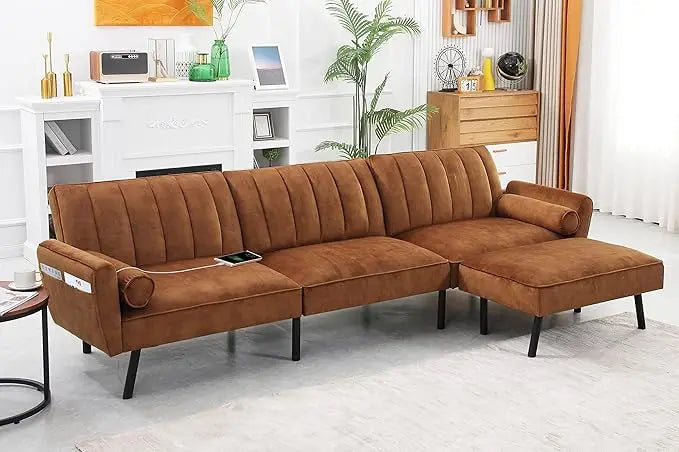 Velvet Sectional Convertible Sofa with Chaise, 106.5" L Shape Sectional Sofa Couch with USB,L Shape Sofa