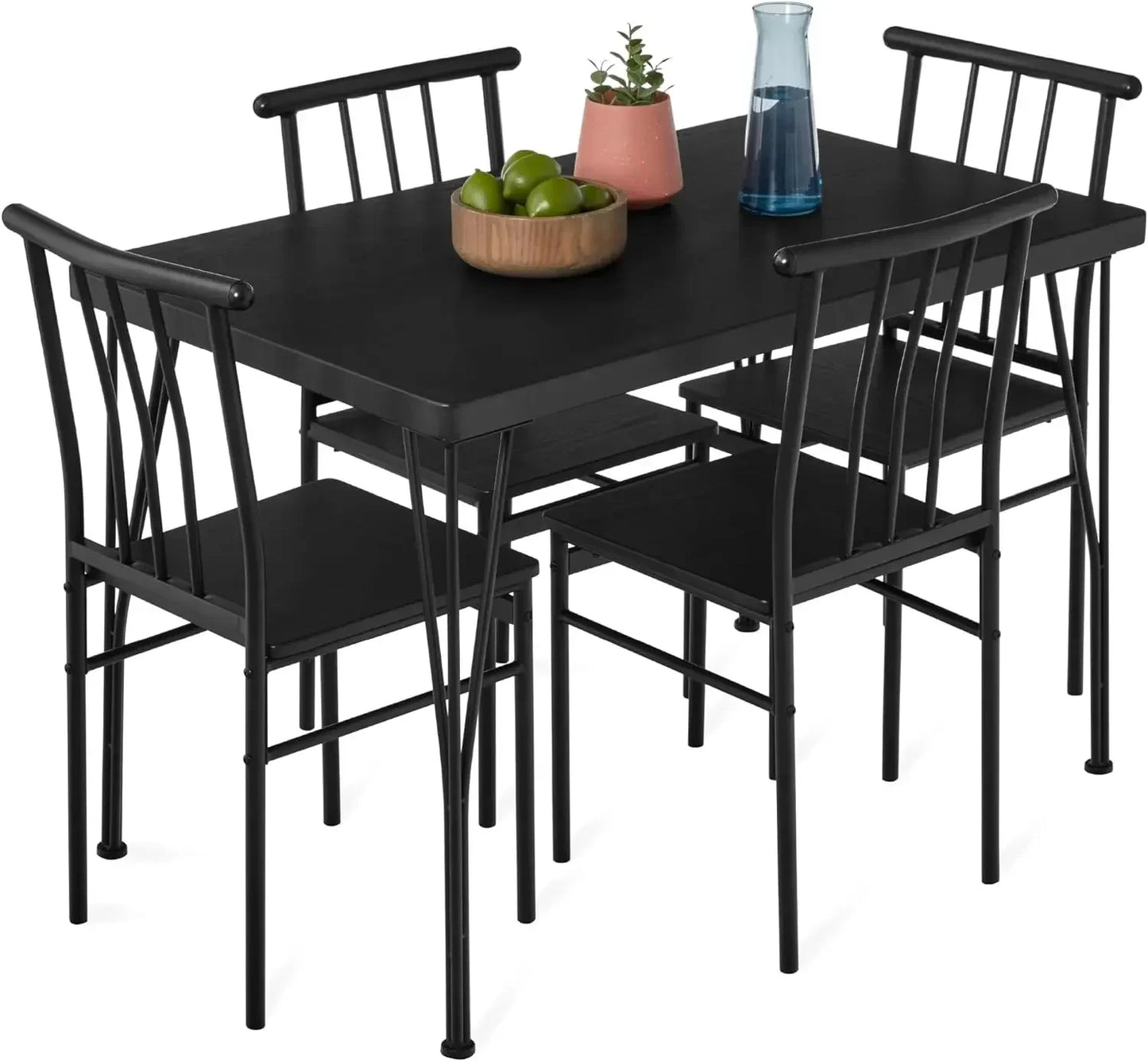 5-Piece Metal and Wood Indoor Modern Rectangular Dining Table Furniture Set for Kitchen, Dining Room, Breakfast Nook w/ 4 Chairs