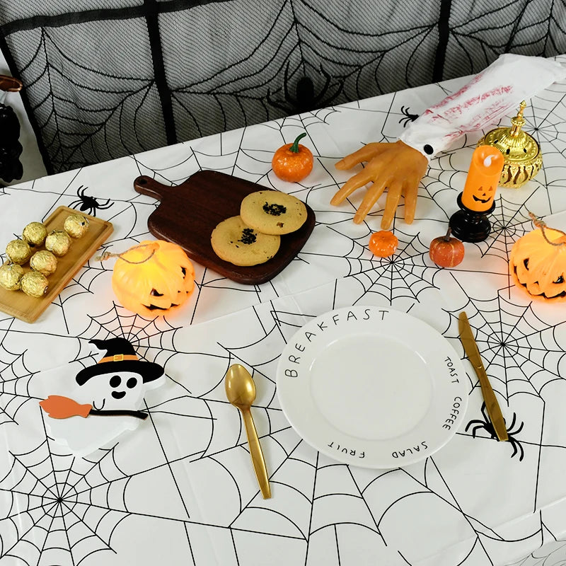 Halloween Party Black White Spider Web Disposable Tablecloth Dining Table Cover Happy Helloween Birthday Party Decorations