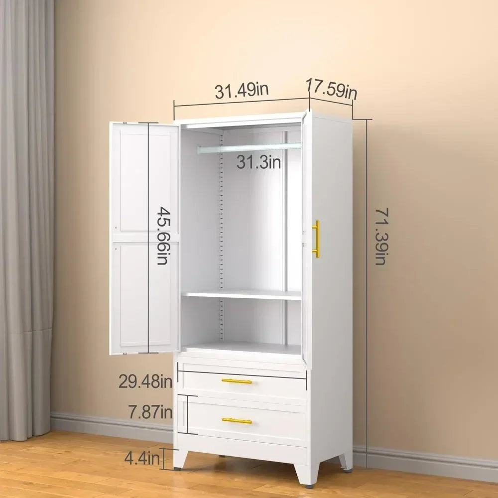 Wardrobe.Metal Armoire Wardrobe Closet,With Adjustable Shelves And Hanging Rod, Household 71 "Metal Clothing Storage Cabinet