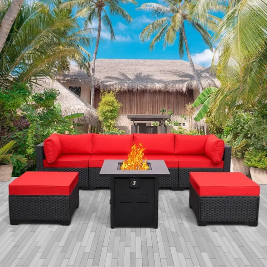 7 Pieces Outdoor PE Wicker Furniture Set Patio Rattan Sectional Conversation Sofa Set with Red Cushions and Fire Pit Table