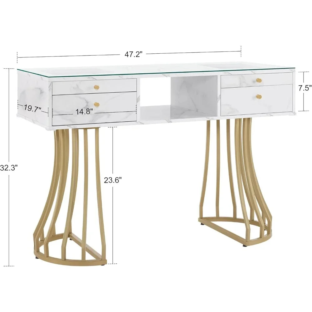 Simple&Storage Manicure Table with Glass,Marbling Textured Salon Nail Tech Desk, Acetone Resistant Stylist Equipment Nail Tables