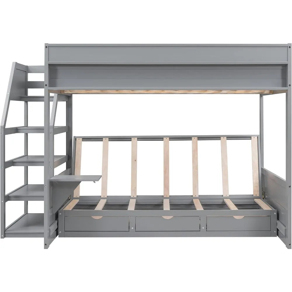 Bunk Bed, with Couch ,Convertible Bunks Beds Full Size with Stairs ,Bedside Table & 3 Drawers ,Wood Futon Bunk Bed Frame