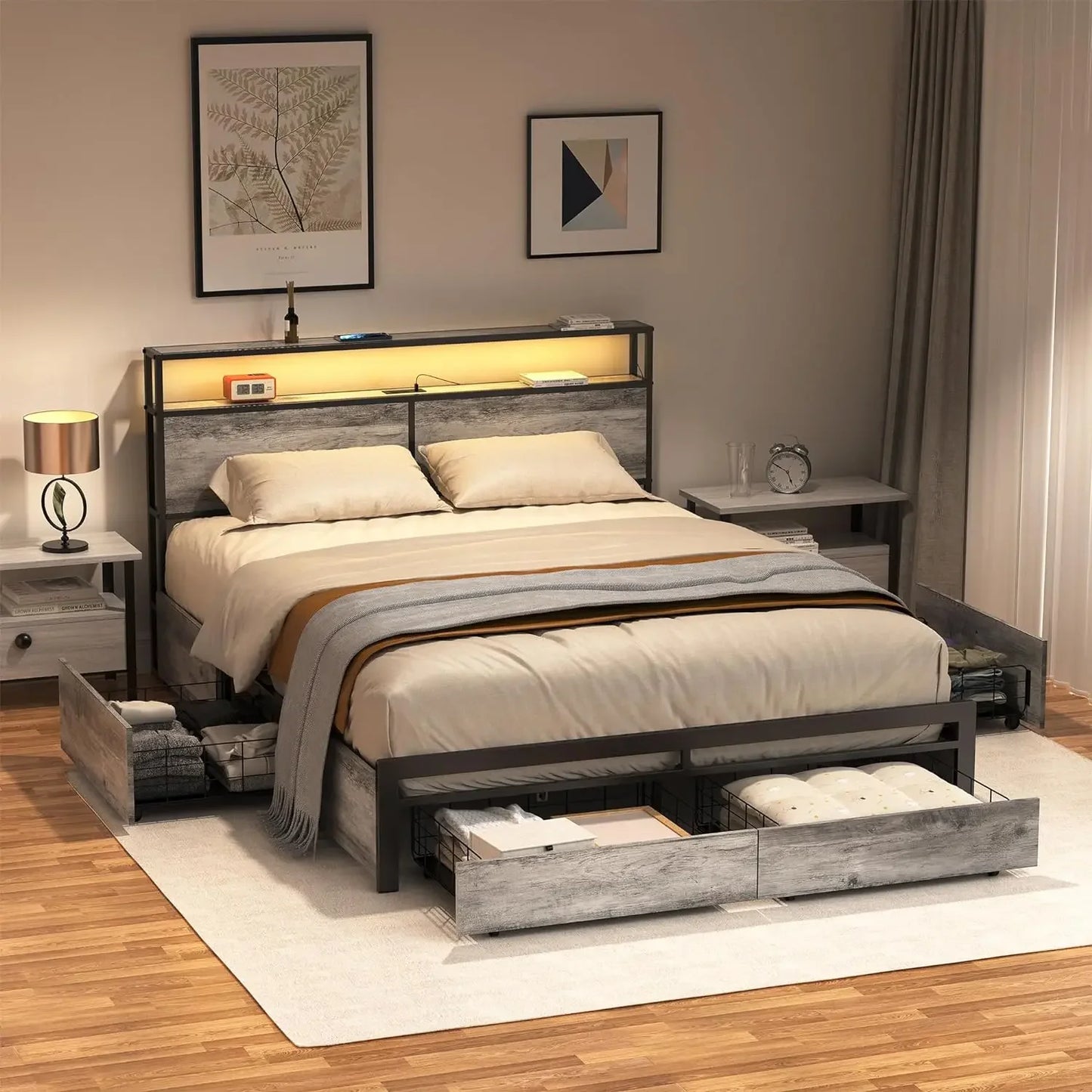 Queen Bed Frame with Storage Headboard and 4 Drawers LED Lights Metal Platform with Non-Slip Surface, Noise-Free Sturdy Meta