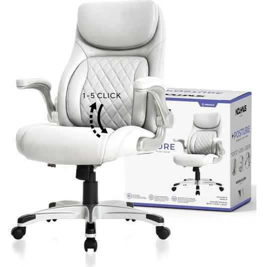 Posture Ergonomic PU Leather Office Chair. Click5 Lumbar Support with FlipAdjust Armrests. Modern Executive Chair  (White)