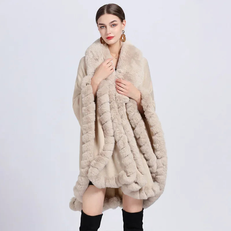 Shawl for Women,Poncho,Imitation Otter,Rabbit Fur Collar,Loose Cape,Warm Cardigan,Cloak Coat,Autumn,Winter,New Overcoat E2002