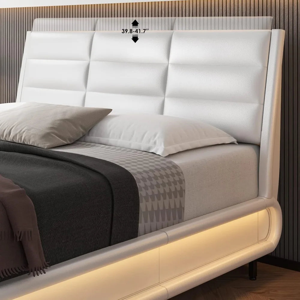 Upholstered Bed Frame with Smart LED, Platform Bed with Adjustable Headboard, Modern Mattress Foundation with Wood Slats