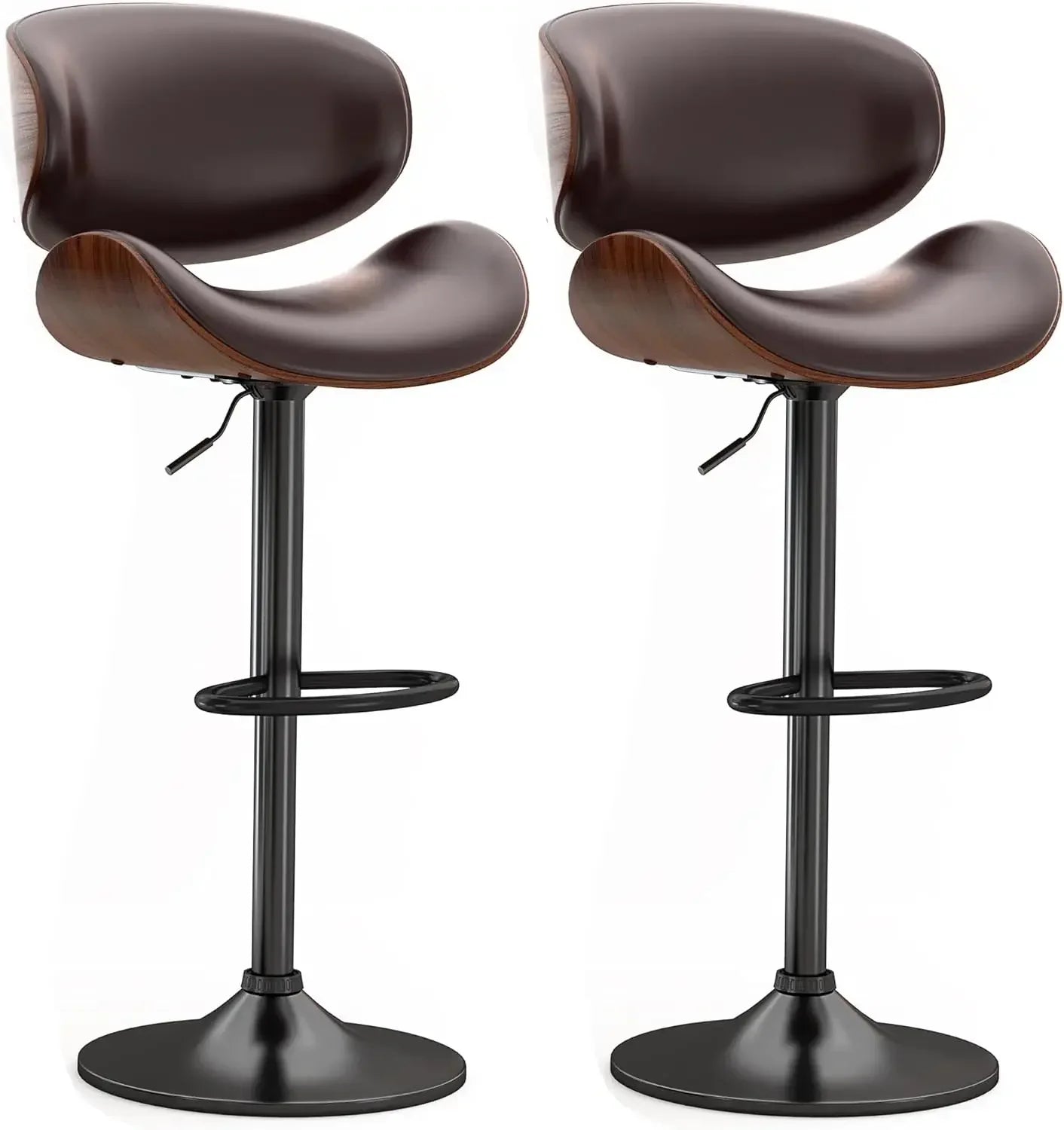 Swivel Bar Stools Set of 2, Adjustable Bentwood Barstools, Modern PU Leather Upholstered Bar Chair with Back and Footrest