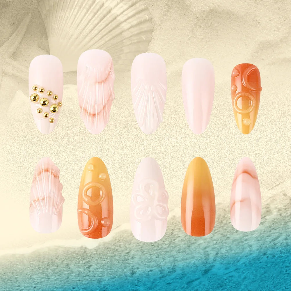 24pcs Embossed Fake Nails 3D Flower Seashells Gold Diamond Decor Autumn Winter Press On Nail Gradient Orange French False Nails