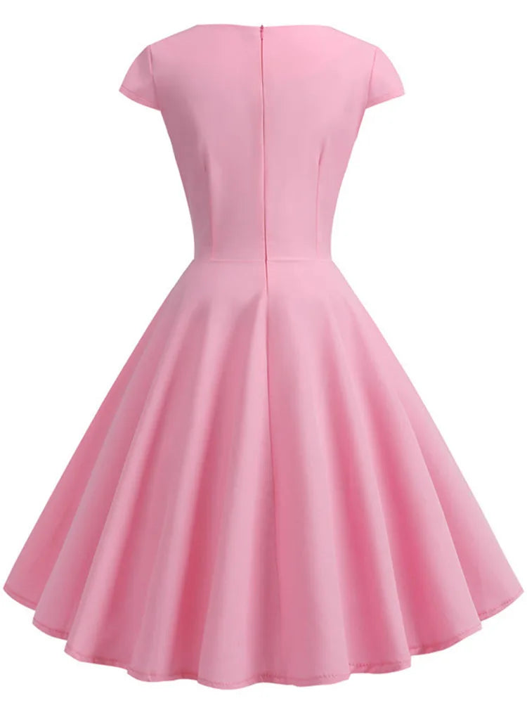 Rosa Sommerkleid Damen V-Ausschnitt Big Swing Vintage Kleid Robe Femme Elegant Retro Pin Up Party Büro Midikleider