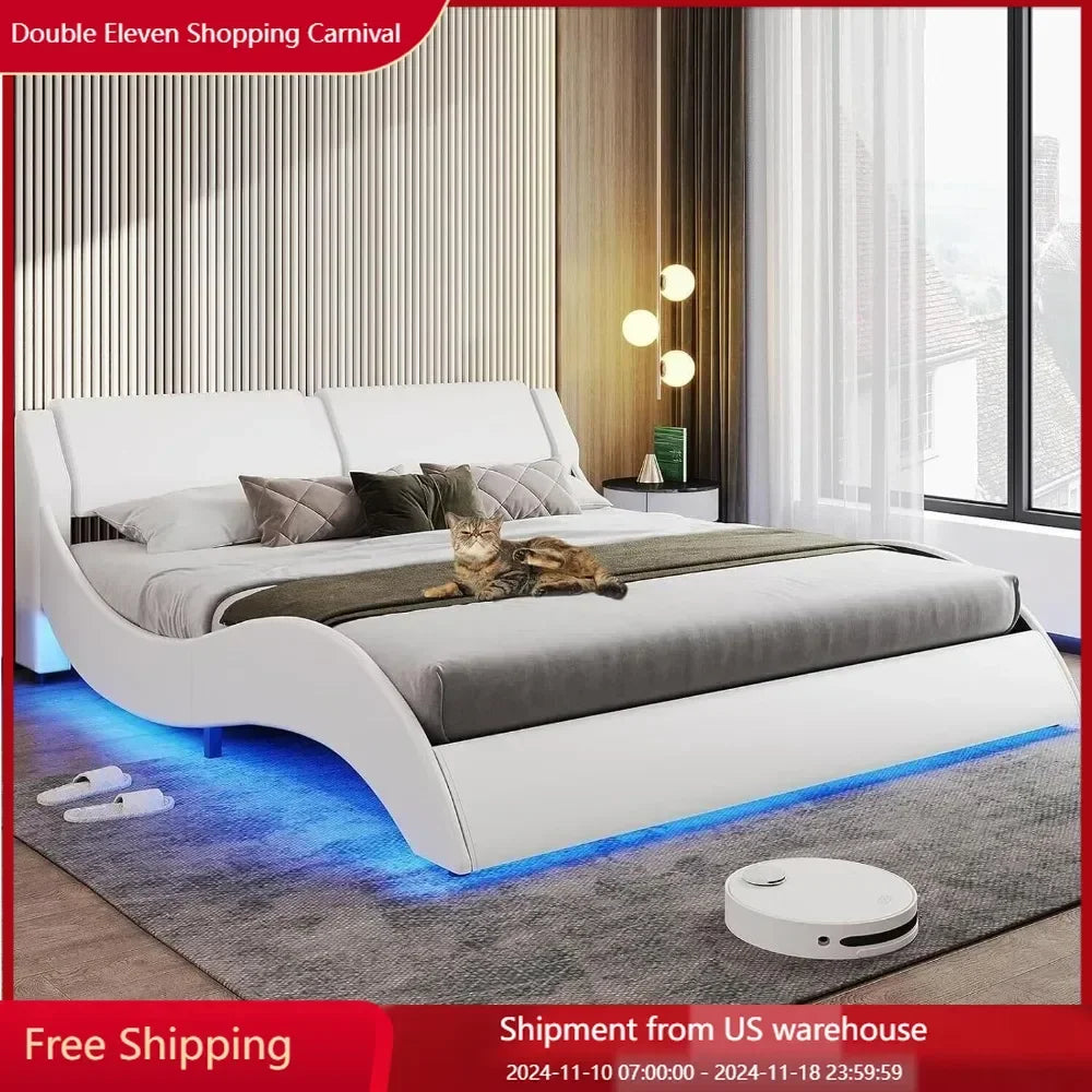 New Modern White Queen Size Bed Frame Upholstered Platform Faux Leather Full Storage Solid Wooden LED Lights with Headboard