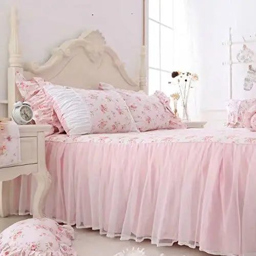 Romantic Roses Print Duvet Cover Set with Bed Skirt Pink Lace Ruffle Floral Shabby Chic Bedding Sets Queen 4 Piece