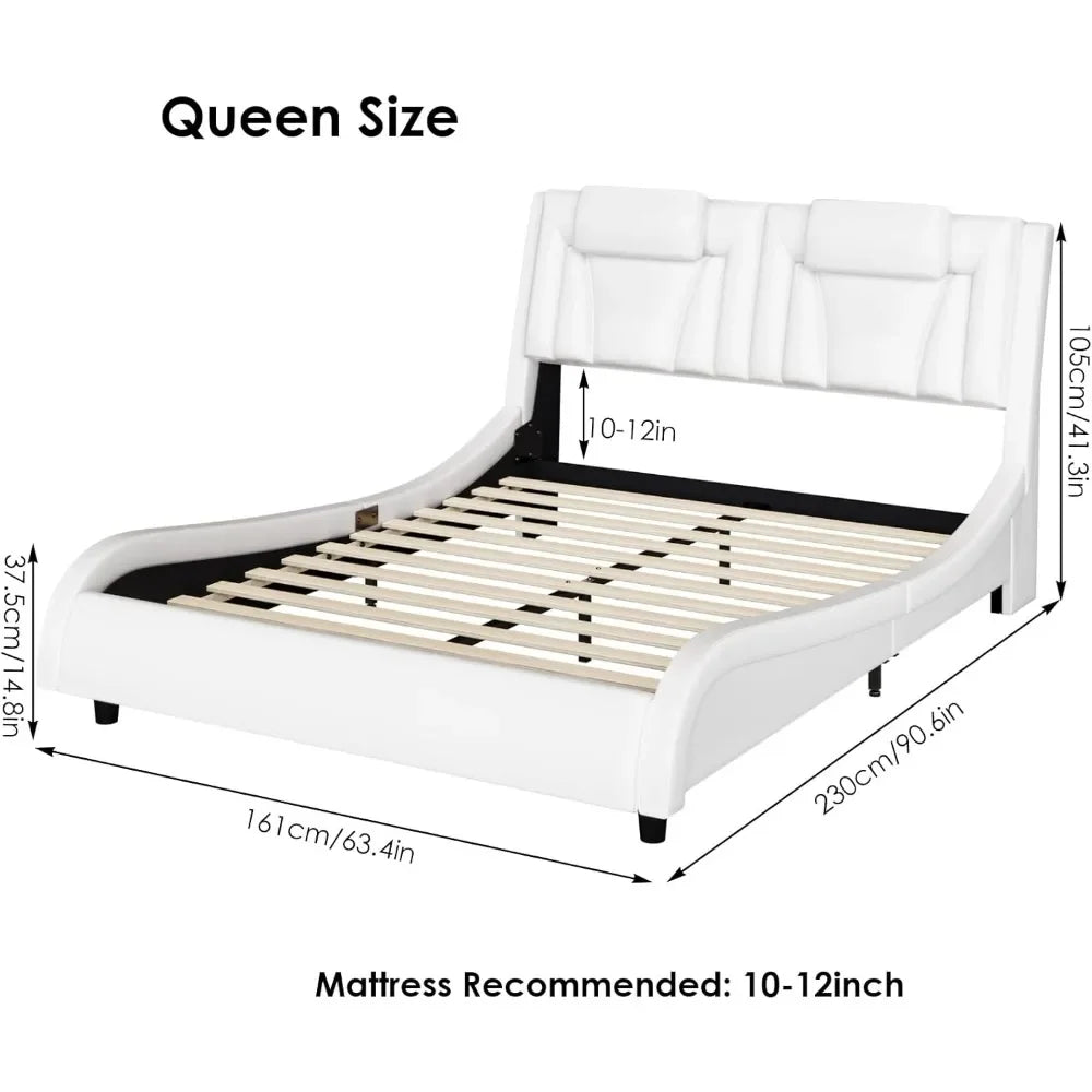 Upholstered Platform Bed Frame with Adjustable LED Headboard,Pu Leather,Wave-Like Curve Design and Solid Wooden Slats Support