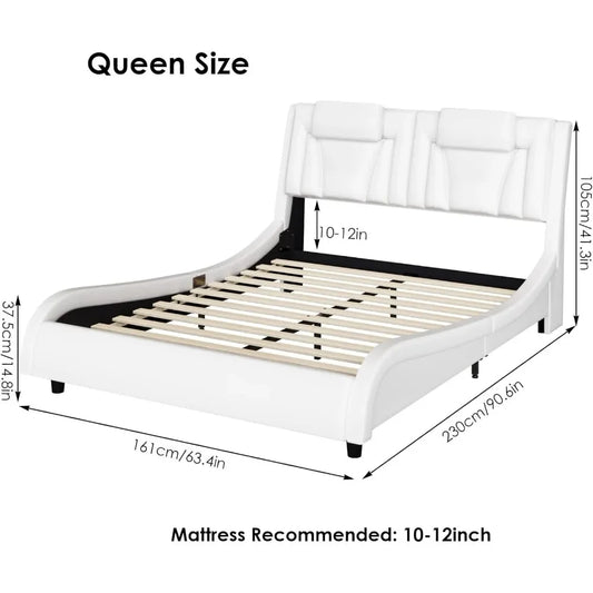 Upholstered Platform Bed Frame with Adjustable LED Headboard,Pu Leather,Wave-Like Curve Design and Solid Wooden Slats Support