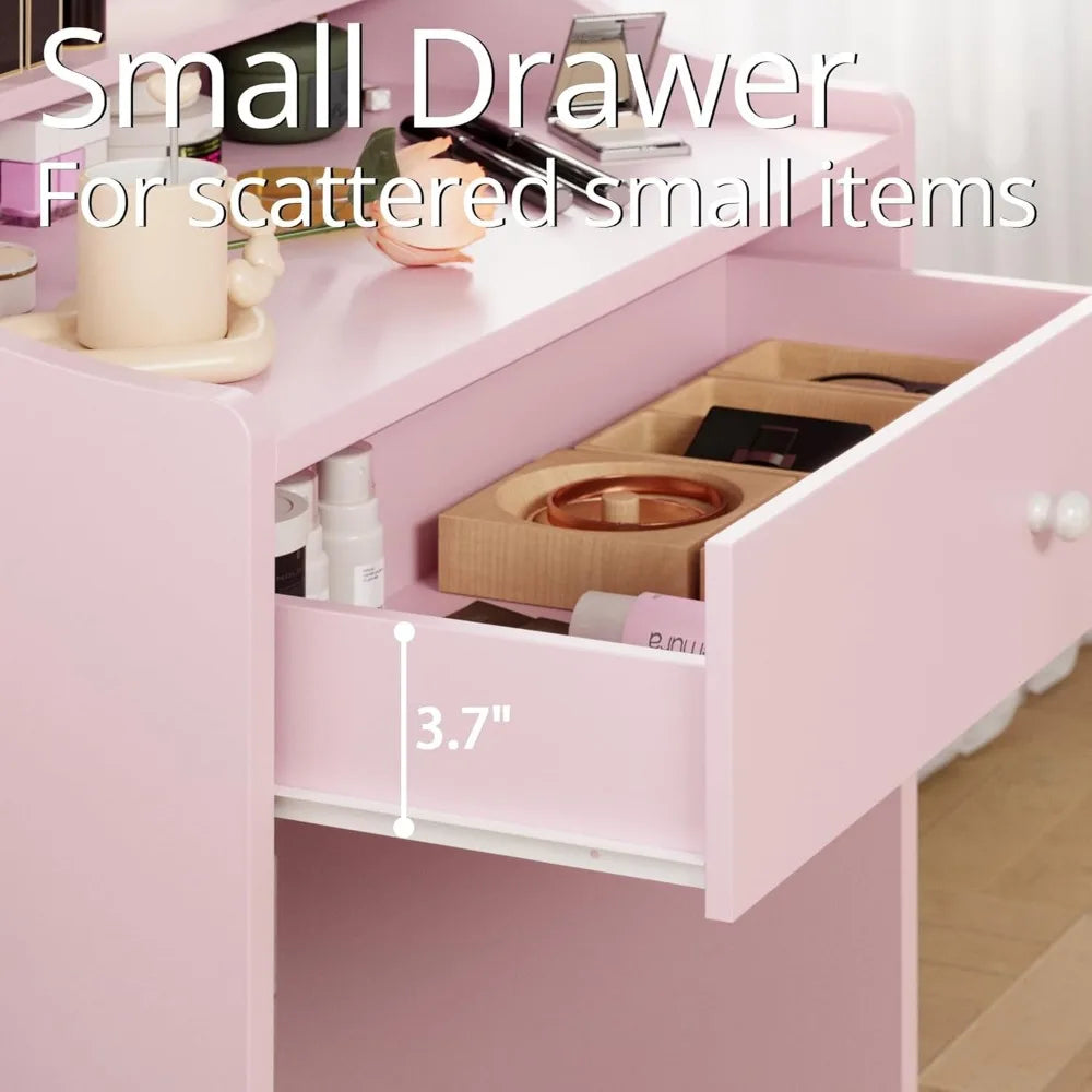 Small Makeup Vanity Desk with Mirror and Lights, Vanity Table Set with Storage Drawer, Chair and Three Shelves, Bedroom,Dressers