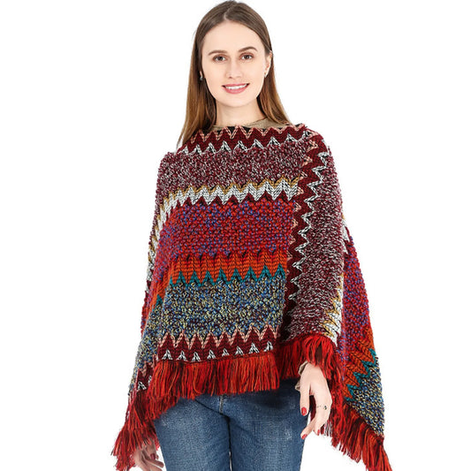 Fashion Mongolian Poncho Women'S Ethnic Style Knitted Cape Pullover Tassel Shawl Coat Overlays Knitting Wraps Women Fashion