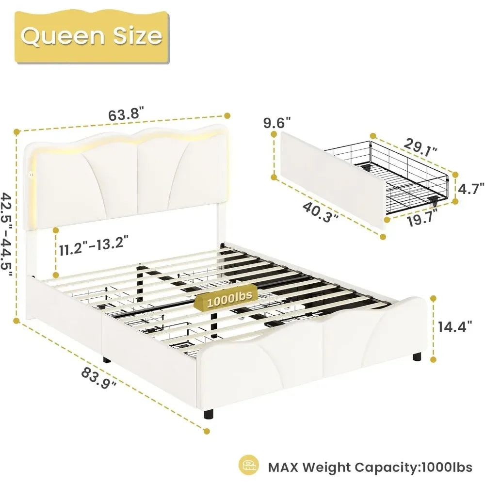 Queen Bed Frame with 4 Storage Drawers and LED Lights, Velvet Upholstered Platform Bed Frame with Height Adjustable Headboard