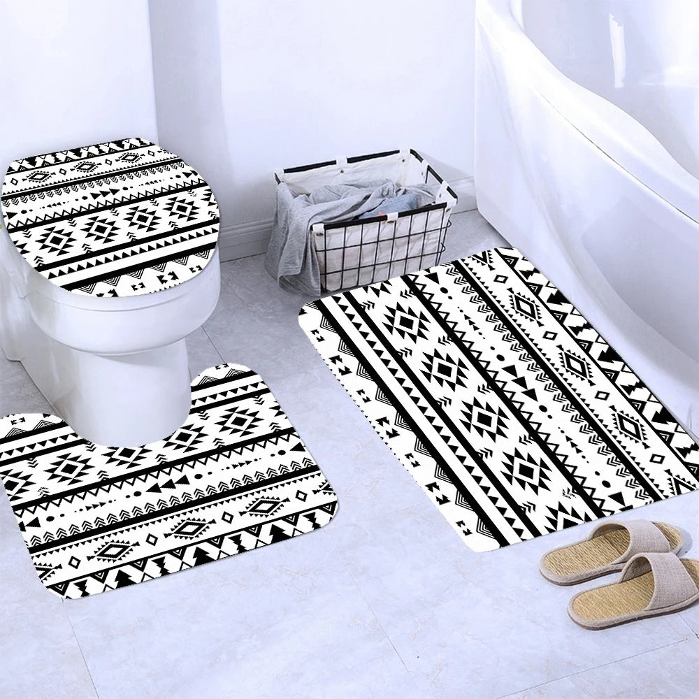 Ethnic Greek style Shower Curtains Waterpoof Bathroom Curtain  Traditional Meander Border Bath Curtain Set Bath Mats Rug Decor