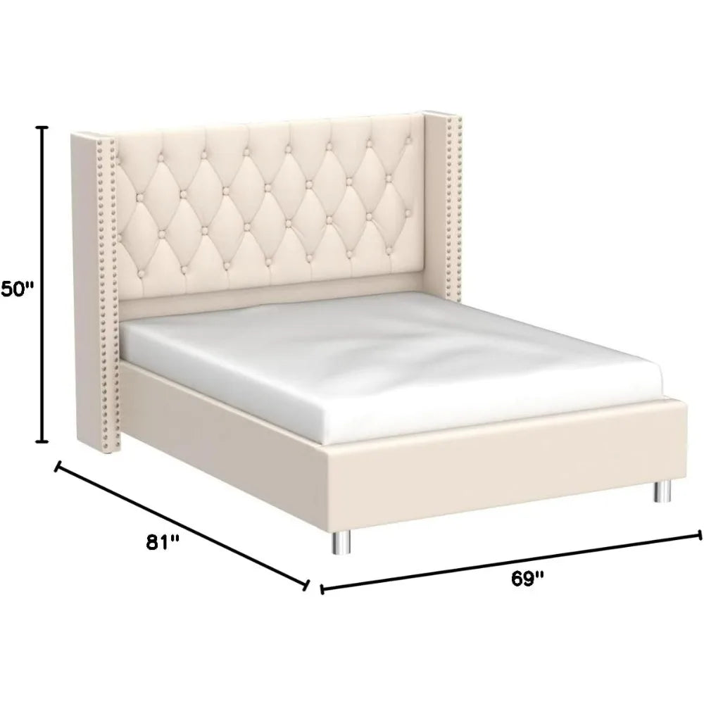 King Bed Frame Upholstered Bed Wingback Headboard Velvet Tufted Diamond Button/No Box Spring Needed/Easy Assembly/Cream Beds