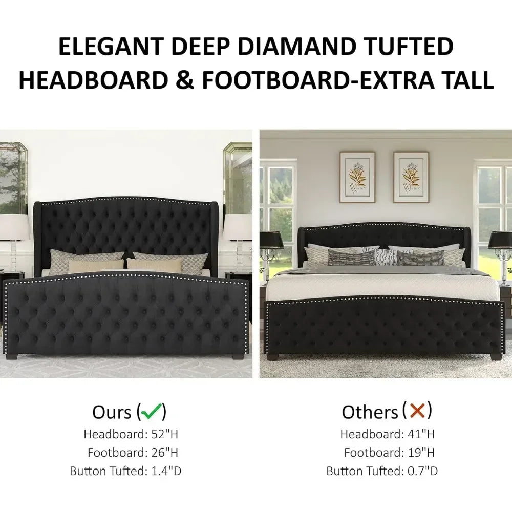 King Size Platform Bed Frame, Velvet Upholstered Bed with Deep Button Tufted & Nailhead Trim Wingback Headboard