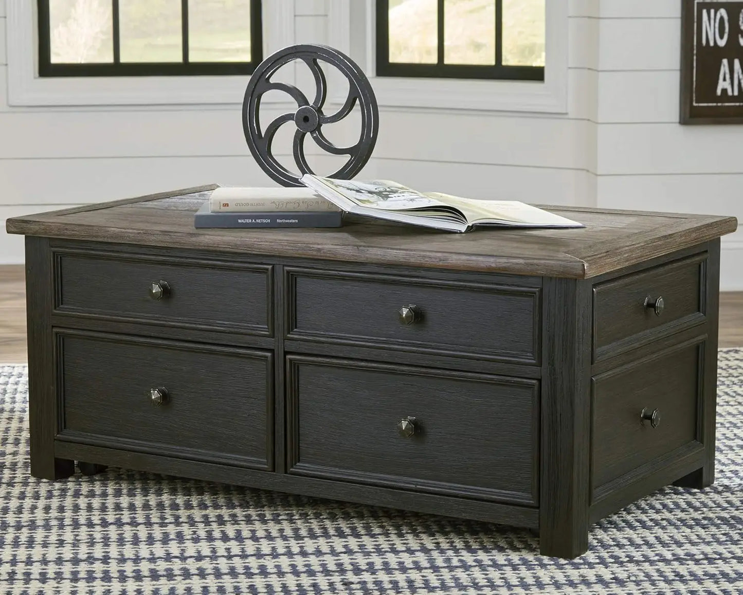 Rustic Farmhouse Lift Top Coffee Table with Drawers, Brown & Black