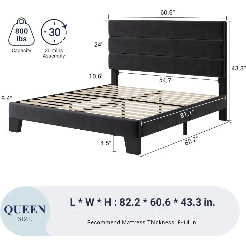 Queen Size Platform Bed Frame with Velvet Upholstered Headboard and Wooden Slats Support, Fully Upholstered Mattress