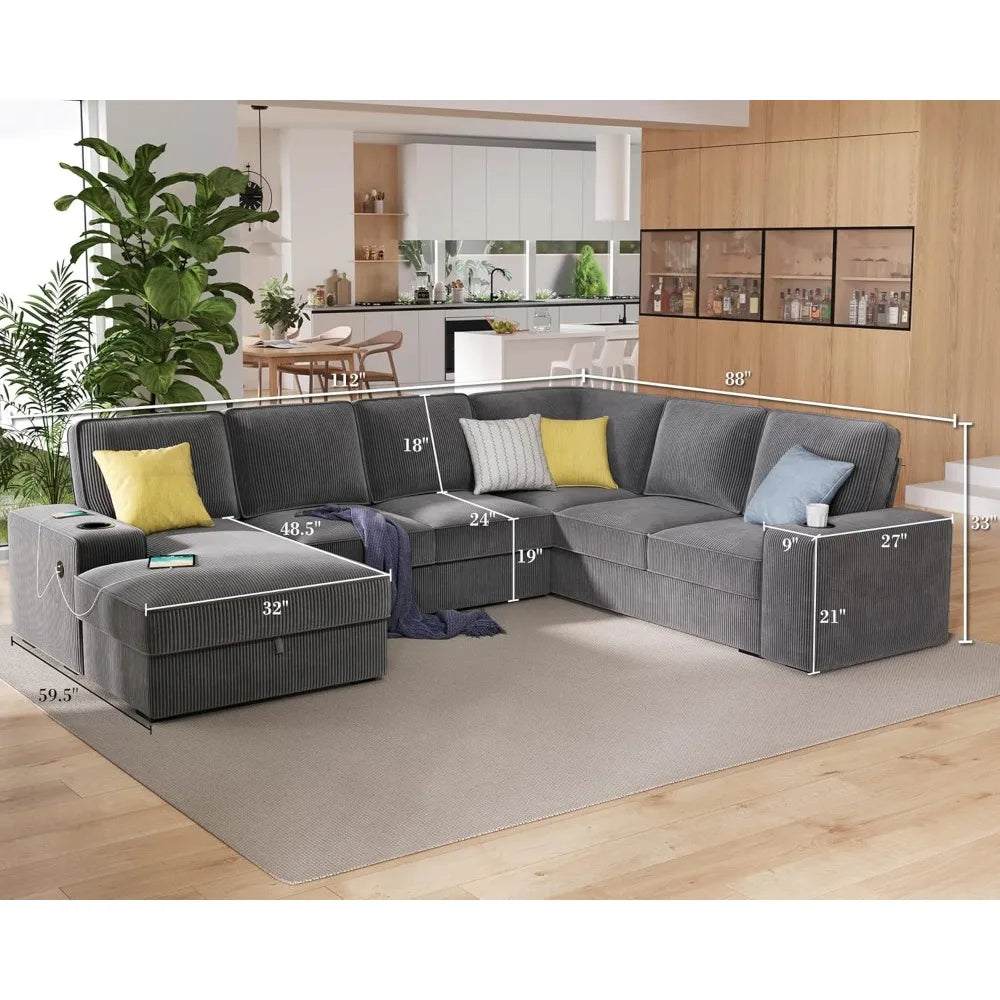 Sectional Sofa,  with Storage Chaise, U Shaped Sofa Couch with USB Ports, Corduroy Couch, Oversized Sofas