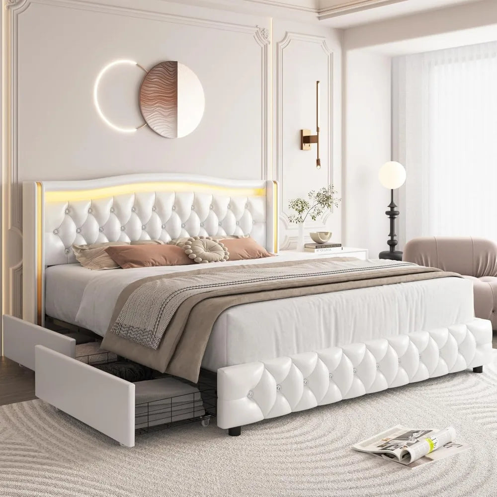 LED Platform Bed Frame with 4 Storage Drawers, Crystal Button-Tufted & Stainless Gold Trim Wingback Headboard, Bed Bases