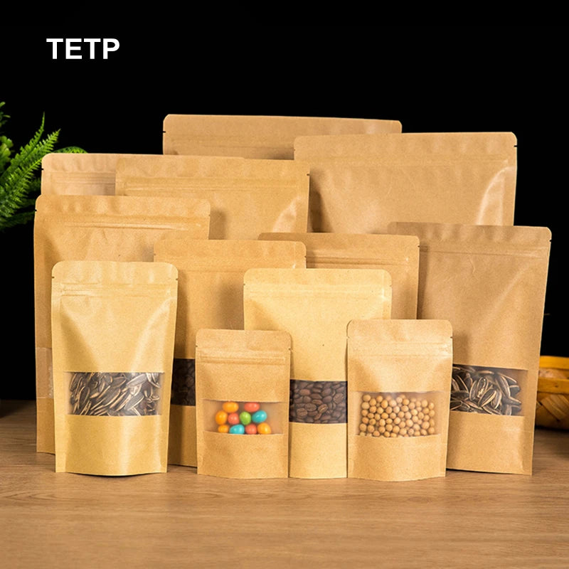 TETP 10Pcs Kraft/White Paper ZipLock Bag With Frosted Window Tea Coffee Beans Storage Dustproof Moistureproof Sealing Resealable