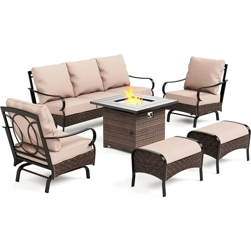 6 Pieces Outdoor Patio Furniture Sets with Fire Pit Table, Large Outdoor Conversation Sets for 7, Metal Patio Furniture Set