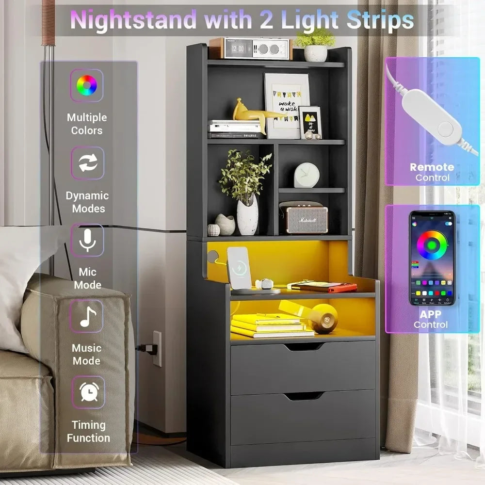 Tall Nightstand Set of 2, LED Nightstand with Charging Station,  and 2 Drawers with LED Lights and Storage,Side End Table