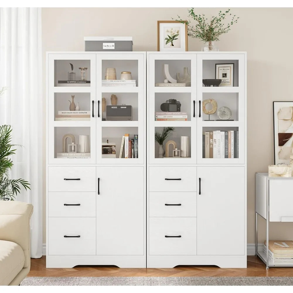 Tall Bathroom Storage Cabinet with Glass Display Doors and Shelves, 67” Modern Tall Cabinet with 3 Drawers,