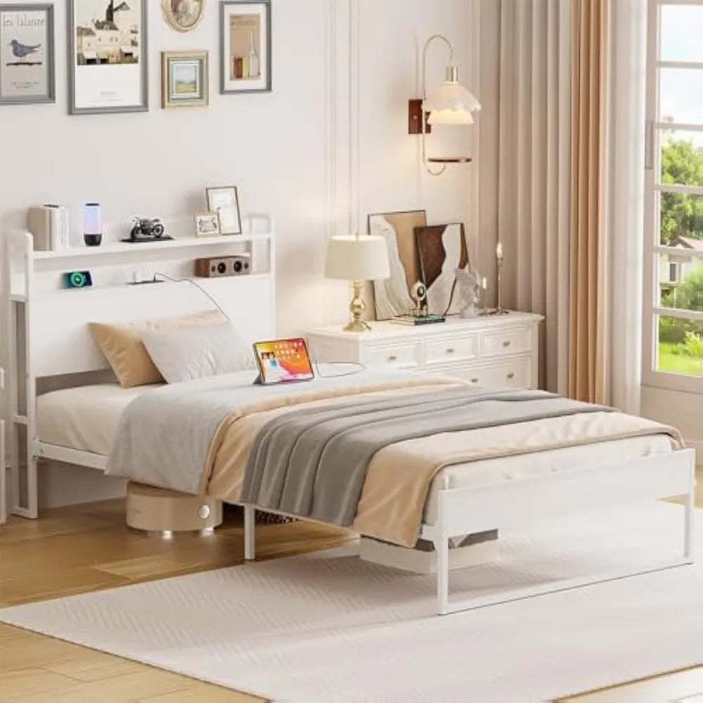 2024 New Twin Bed Frames with Charging Station and Storage Headboard, No Box Spring Needed, Noise Free, Easy Assembly