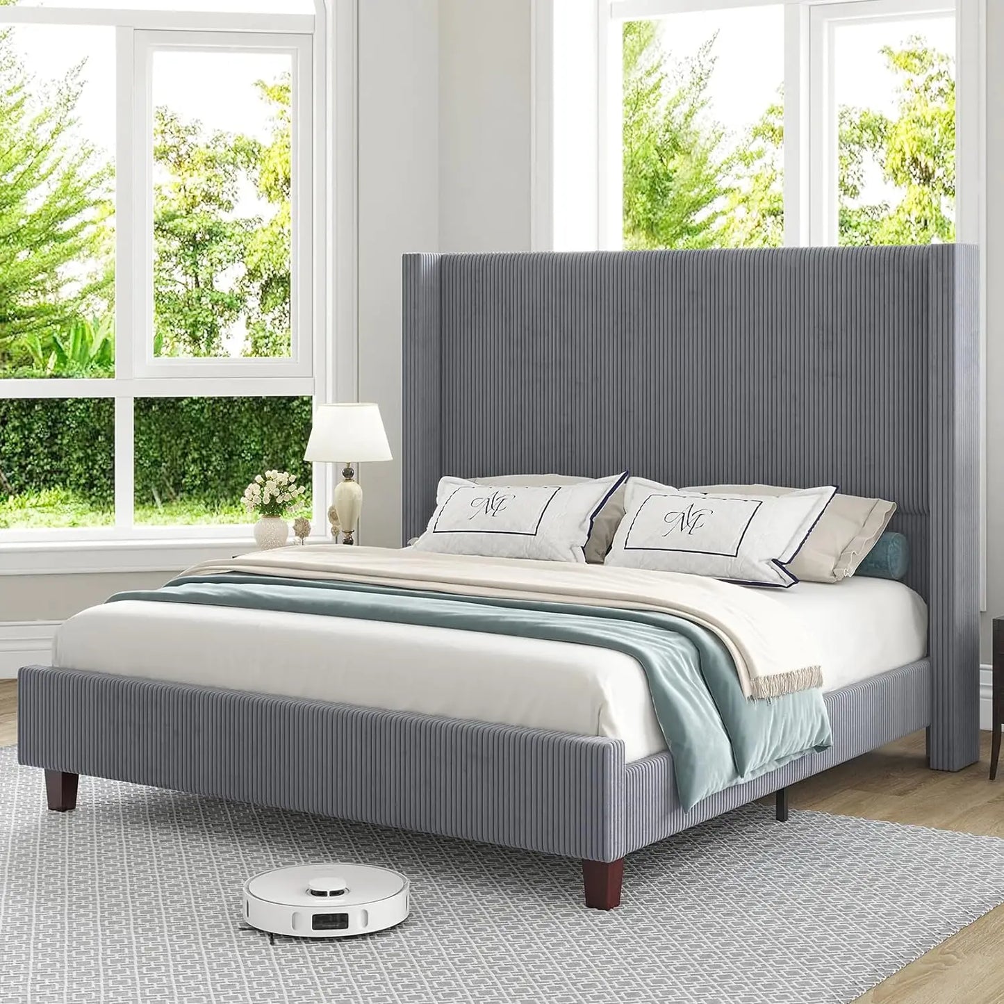 Bed Frame 61" Corduroy Upholstered, Platform Bed with Vertical Stripe Wingback Headboard, No Box Spring Needed/Solid Wood Slats