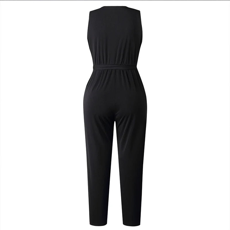 Fashion Lace Women Jumpsuit With Belt Sleeveless 2022 Summer New Casual V-neck Solid Women Black Jumpsuits Fashion Female Pants