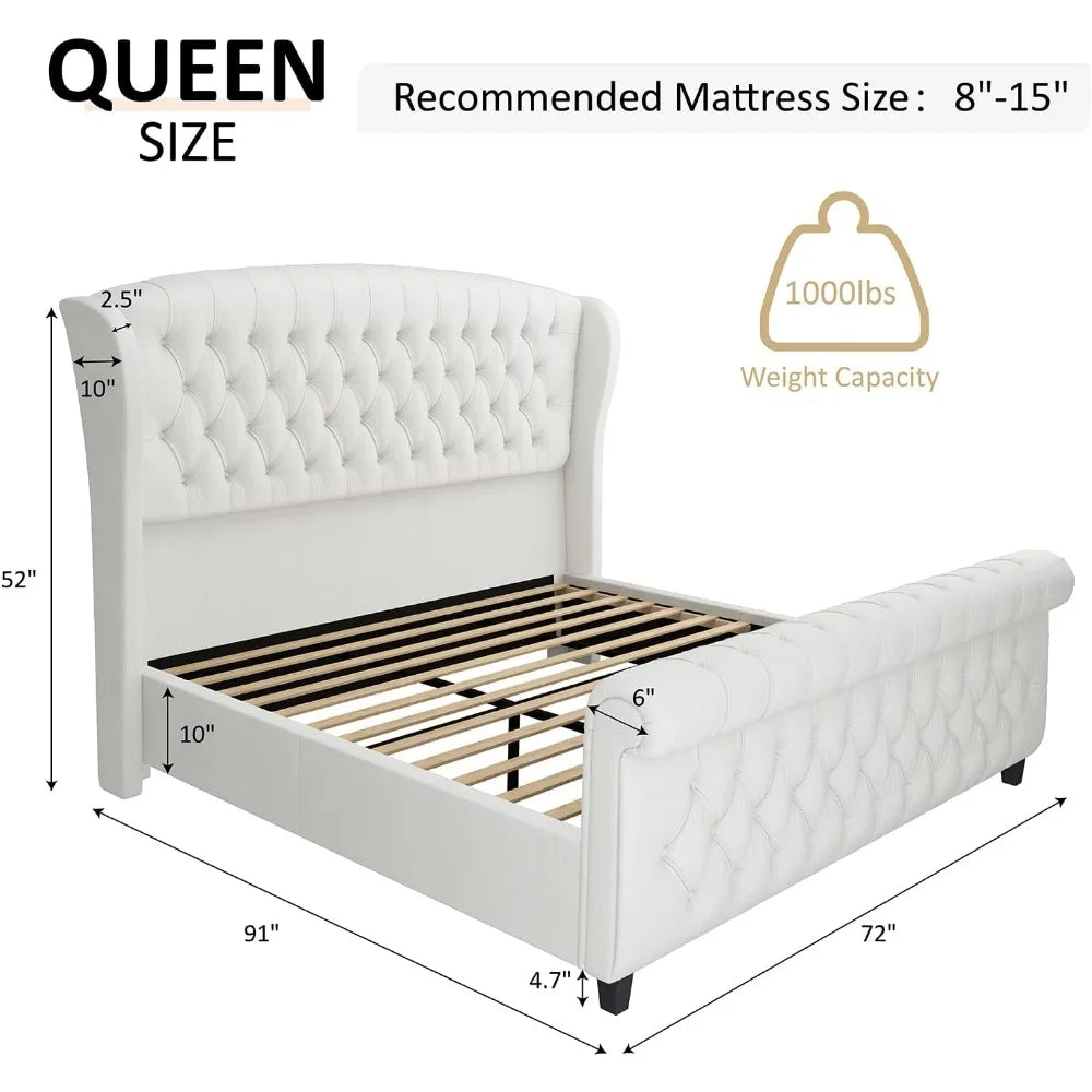 Queen Size Platform Bed Frame, Chenille Upholstered Sleigh Beds with Scroll Wingback Headboard & Footboard Bed Frame