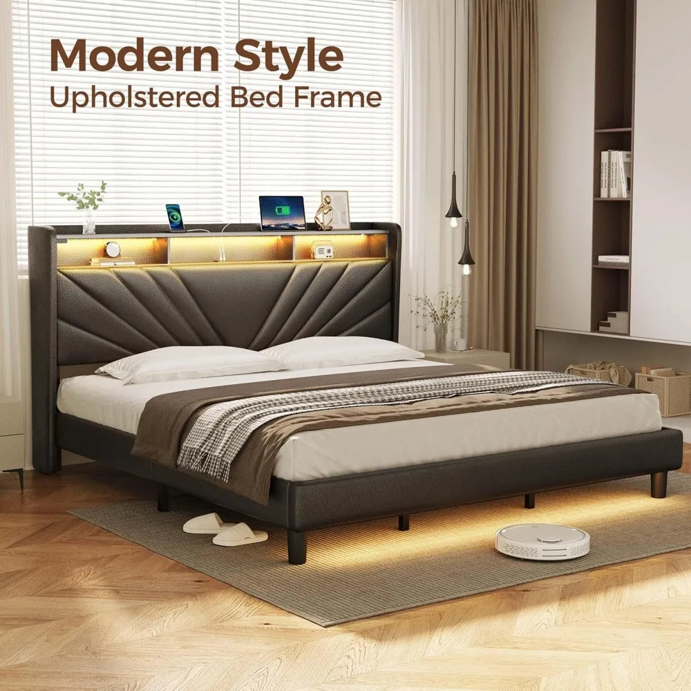 King Size Bed Frame, Storage Headboard with Charging Station and LED Lights, Upholstered Bed with Heavy Duty Wood Slats