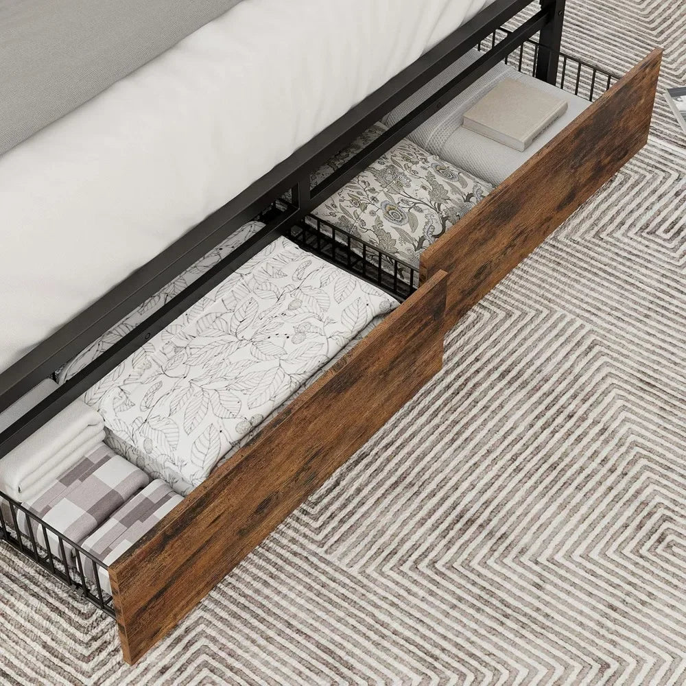 Queen Bed Frame with Storage Headboard, Platform Bed with Drawers and Charging Station, No Box Spring Needed, Easy Assembly