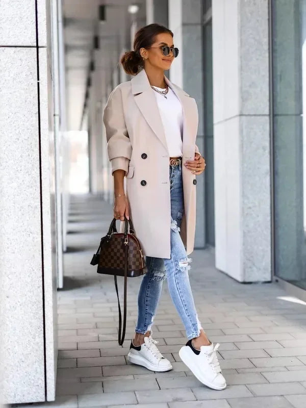 Women Coat Fashion Casual Double-breasted Lapel Loose Long Sleeve Solid Color Autumn Winter Temperament Commuter Coat Pocket