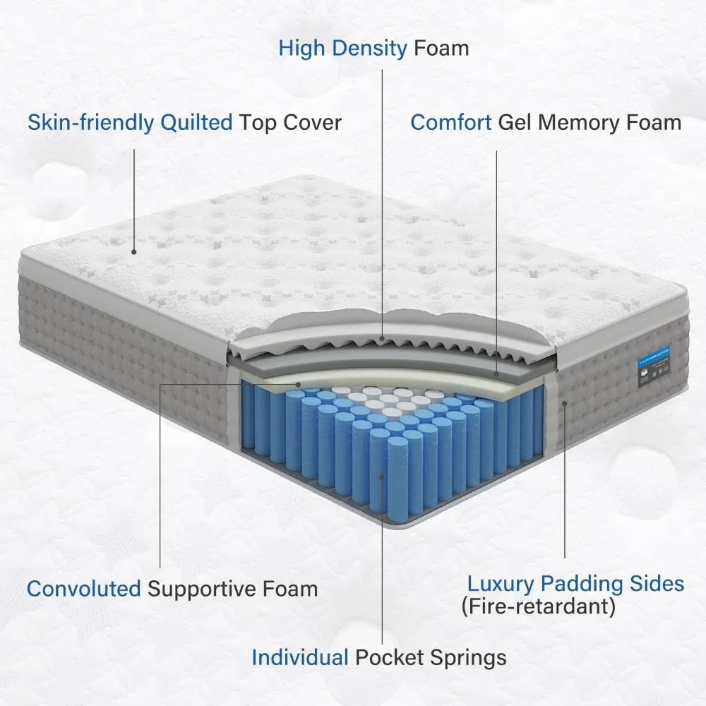 King Mattress with Gel Memory Foam, Pressure Relief Individual Wrapped Coils Mattresses, 14 Inch Luxury Hybrid Mattress