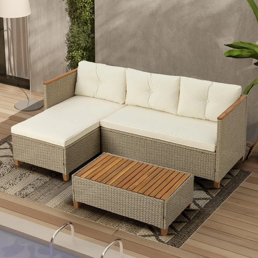 Patio Furniture Set, All Weather Rattan Wicker Conversation Set with Acacia Wood Coffee Table, 3 Piece Outdoor Sectional Sofa