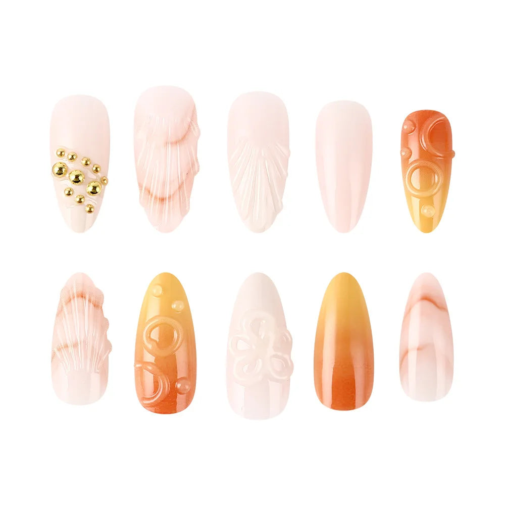 24pcs Embossed Fake Nails 3D Flower Seashells Gold Diamond Decor Autumn Winter Press On Nail Gradient Orange French False Nails