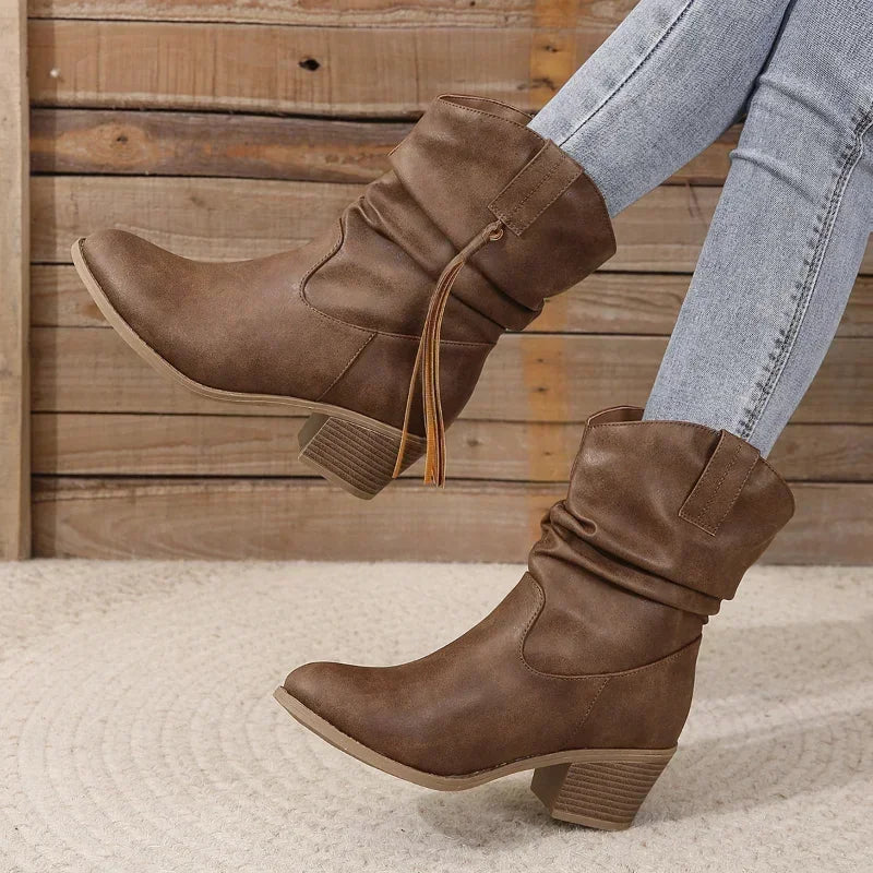 Women Vintage Brown Western Cowboy Boots Autumn Winter  Tassel PU Leather Ankle Booties Ladies Pleated High-heeled Mid-calf Boot