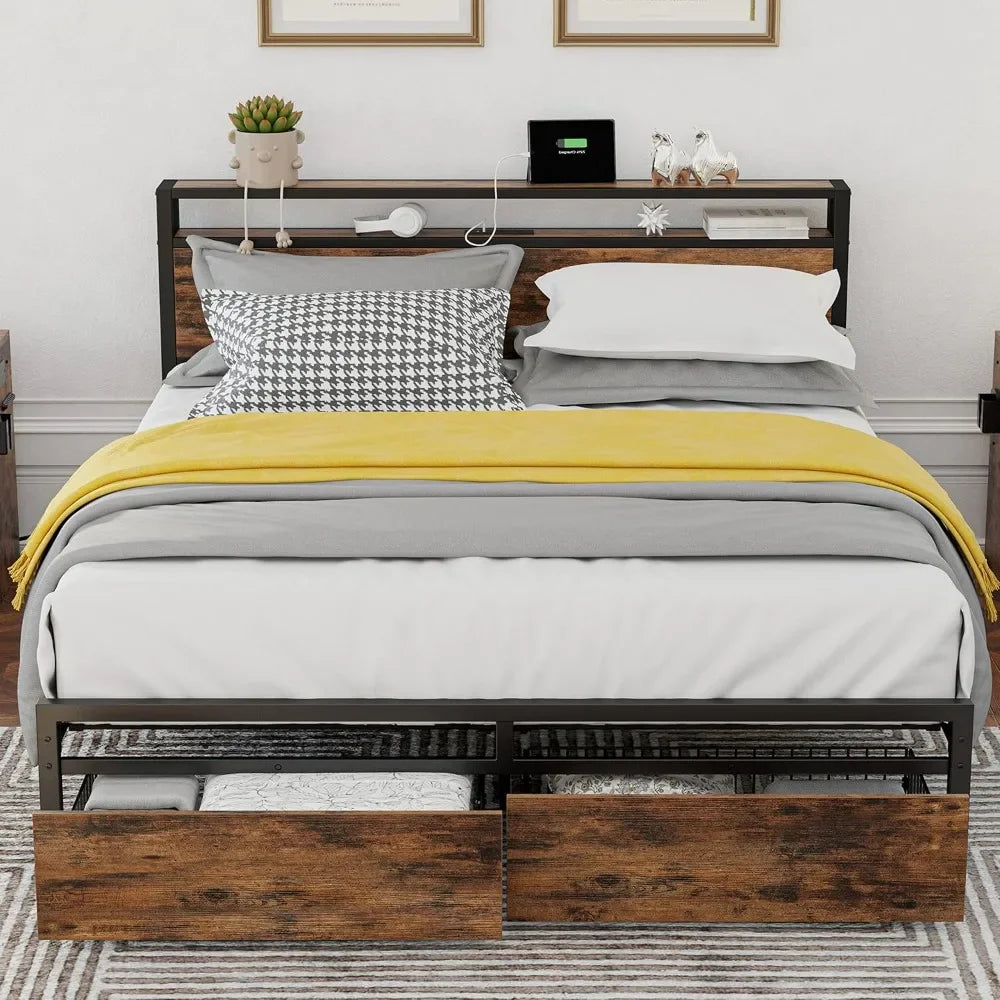 Queen Bed Frame with Storage Headboard, Platform Bed with Drawers and Charging Station, No Box Spring Needed, Easy Assembly