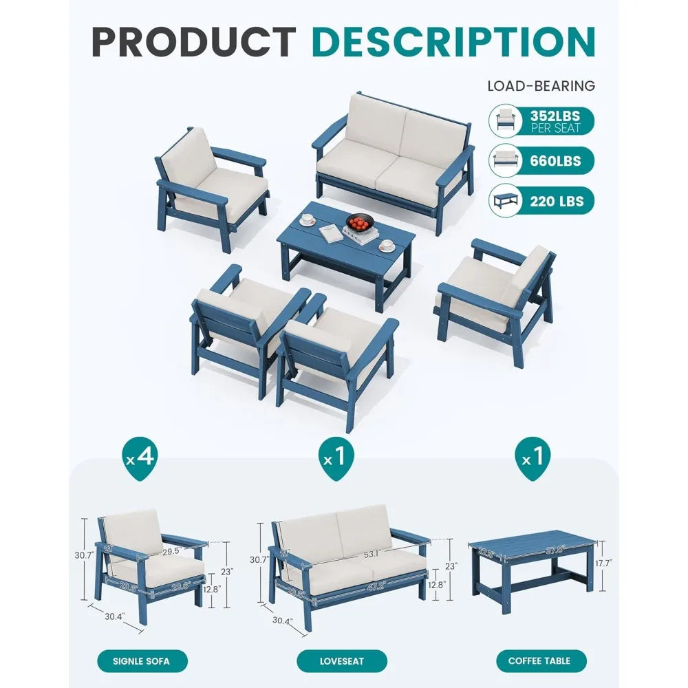 Outdoor Sectional Furniture, All-Weather Wood-Like Outdoor Couch Loveseat and Coffee Table,6 Piece Outdoors Patio Furniture Set