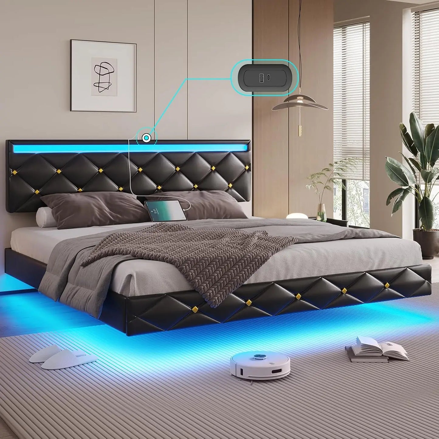 Floating Bed Frame with LED Lights and USB Ports Modern LED Bed Frame with Headboard Faux Leather Low Profile Platform Bed Frame