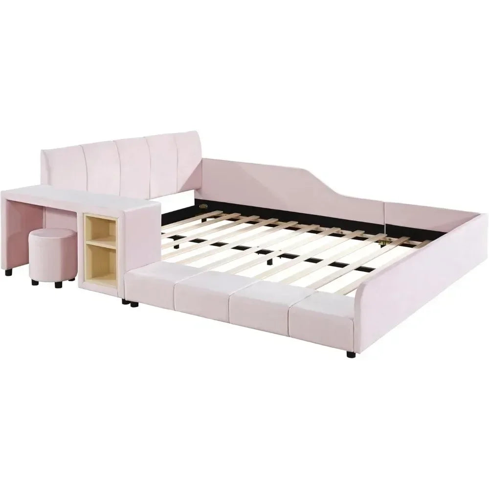 Upholstered Grounded Bed Platform Bed,with Bedside Desk and Little Round Stool Wooden Queen Size Mother & Child Bed Frame