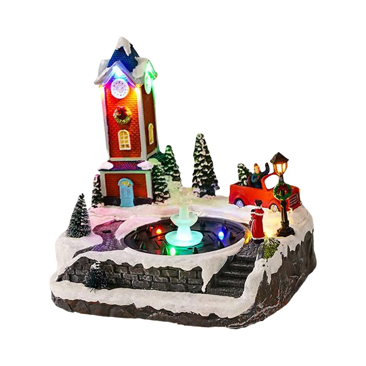 Christmas Church Winter Snow Scene Village House Music Fountain Collectible Buildings Statue for Indoor Festival Desktop Decor