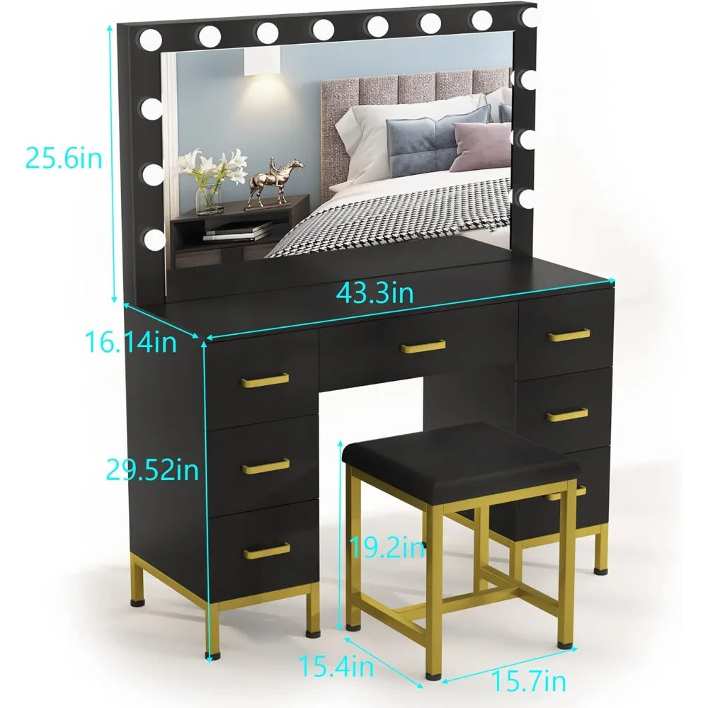 Vanity Makeup Desk - 43.3'' Vanity with Mirror with Lights, 14PCS LED Bulbs, 7 Drawers & Cushioned Stool, Black Vanity